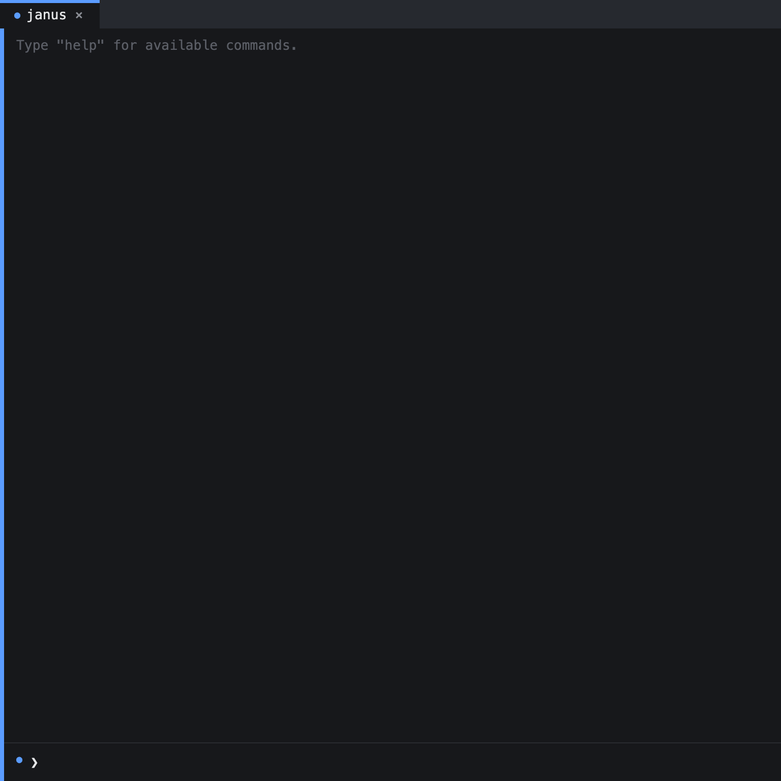 The Janissary window on first launch: a single janus tab above an empty transcript and the command bar.