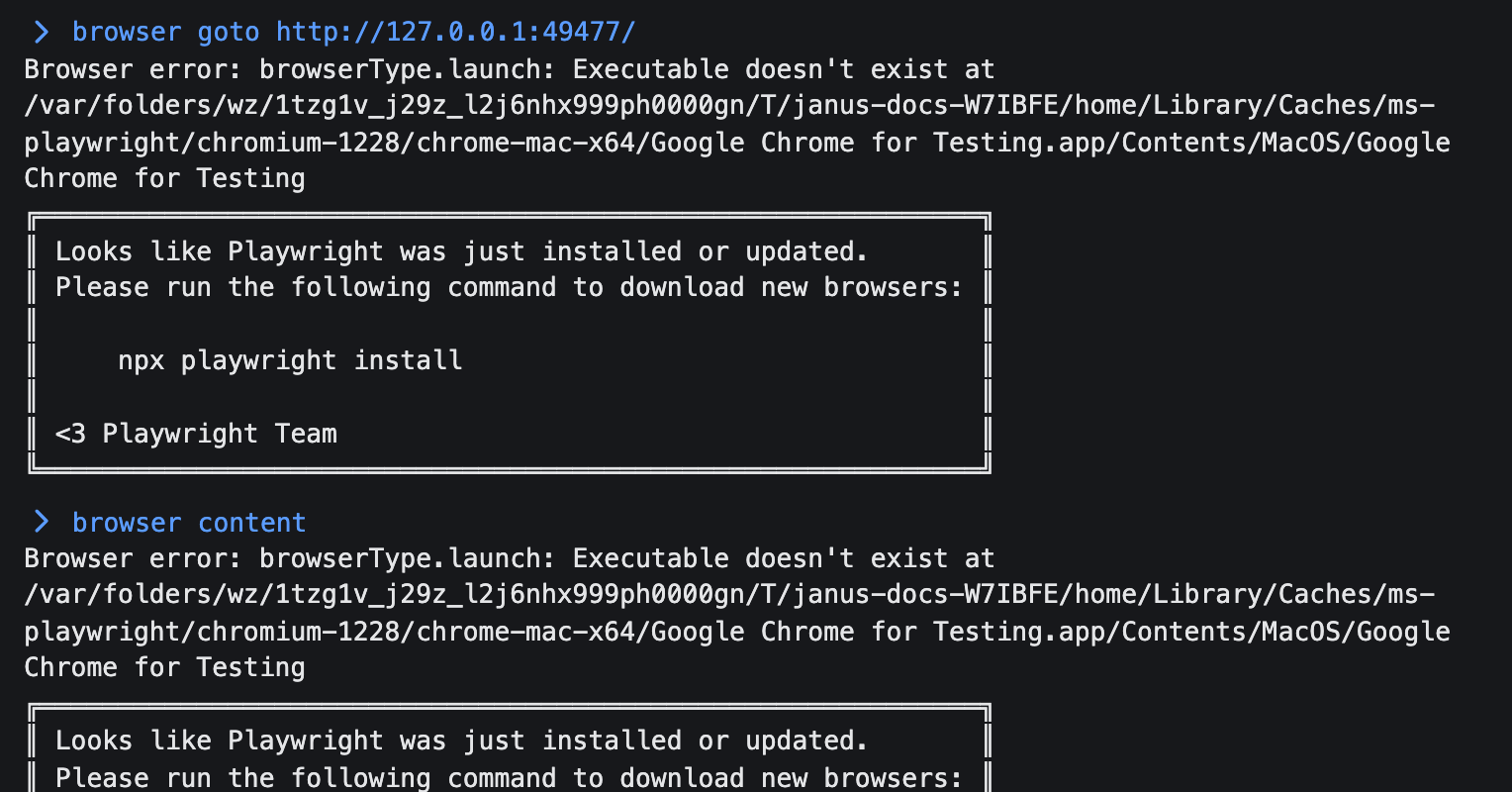 A goto command followed by a content command in the transcript, with the fetched page's title and rendered text printed below it.