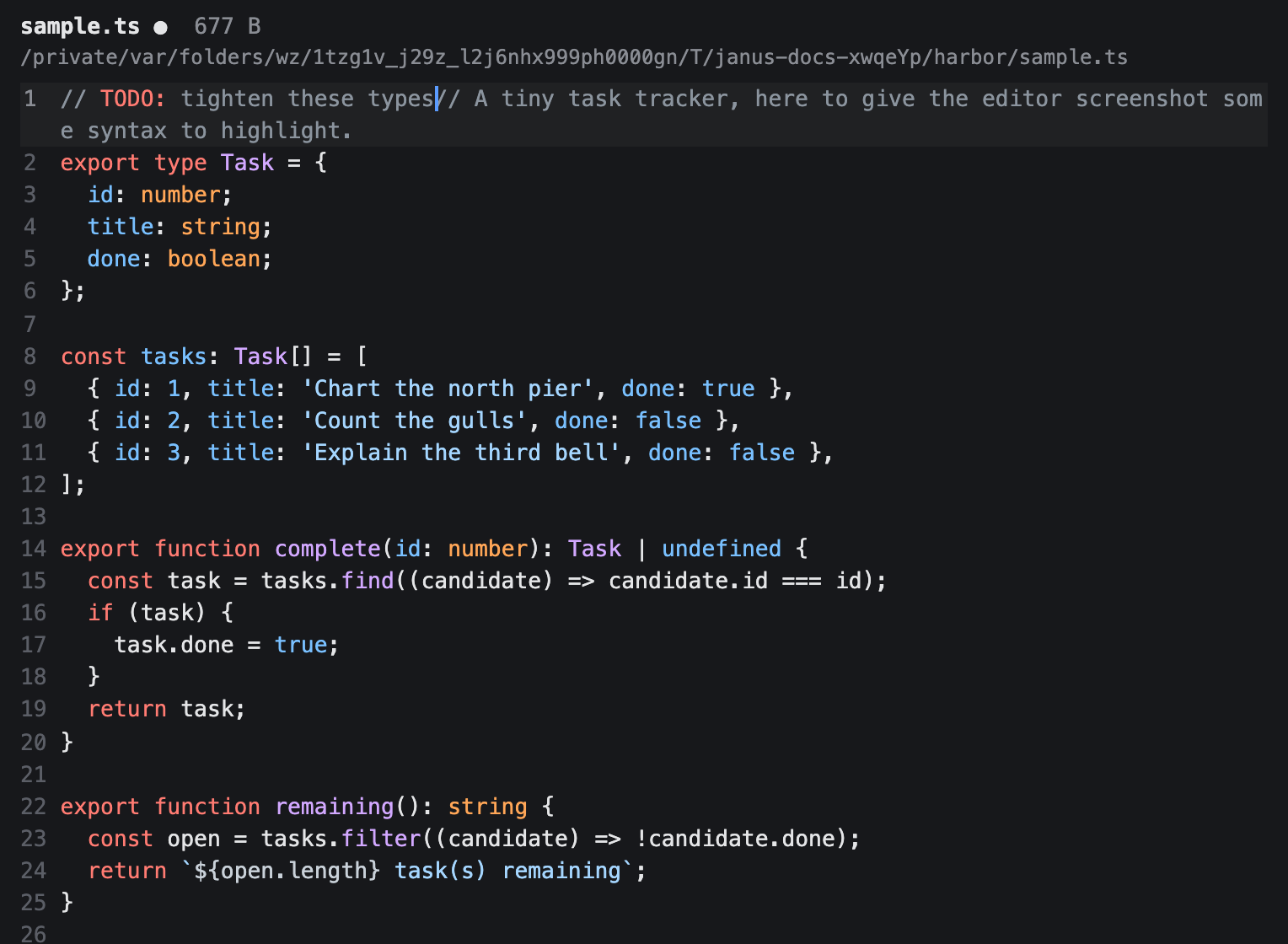 An editor tab: syntax-highlighted TypeScript under the metadata header, with the unsaved-changes dot next to the filename.