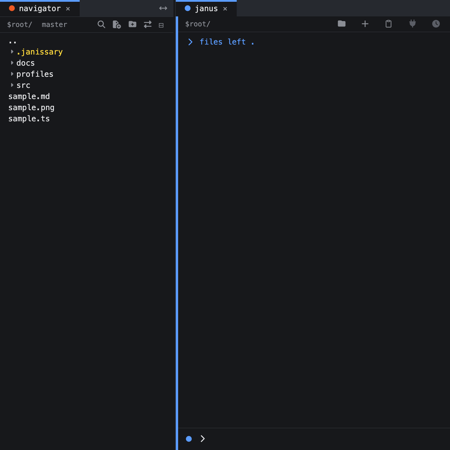A file navigator docked in the left sidebar, with its resize divider on the right edge.
