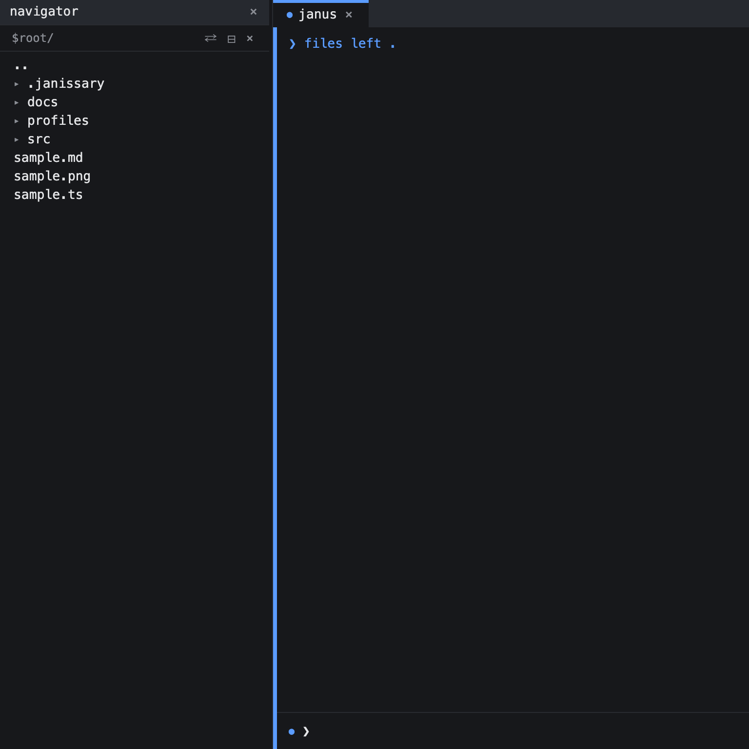 A file navigator docked in the left sidebar, with its resize divider on the right edge.