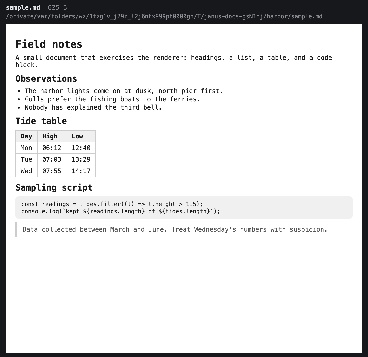 A markdown tab rendering a document: headings, a list, a table, and a highlighted code block on a white page.