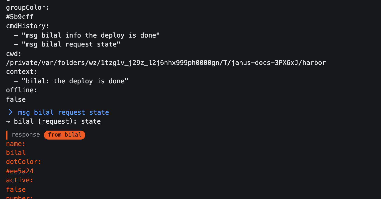 An info message and a request/response exchange between two agent tabs in the transcript.