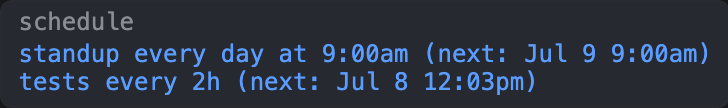 The floating schedule window listing two timers with their schedules and next run times.