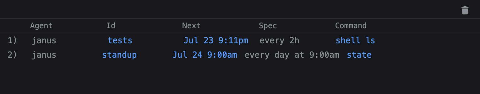 The aggregated schedules tab listing two timers with their owning tab, next-run time, spec, and command.