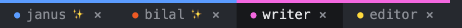 The tab strip showing two groups: the root group's tabs share one top-border color, and a second group of tabs shows a distinctly colored band.