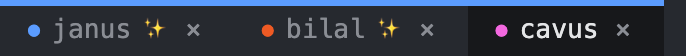 The tab strip with several agent tabs: each has a colored dot, one dot is blinking to show a busy agent, and an inactive tab carries a flag badge for unread output.