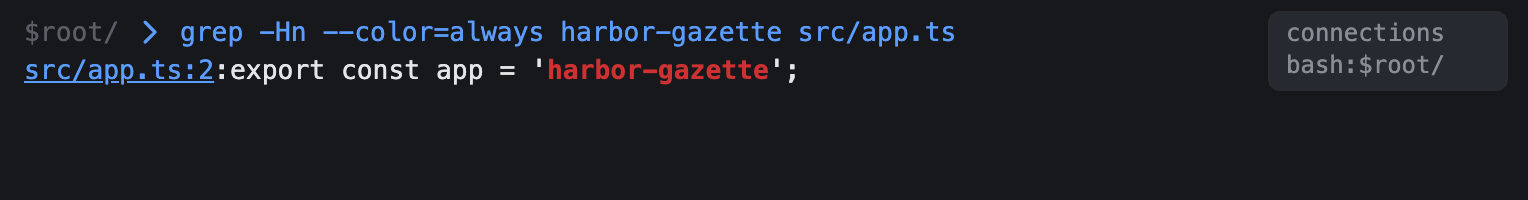 Shell output in the transcript: a grep match highlighted in the shell's color, with the file path and line number rendered as an underlined, clickable link.